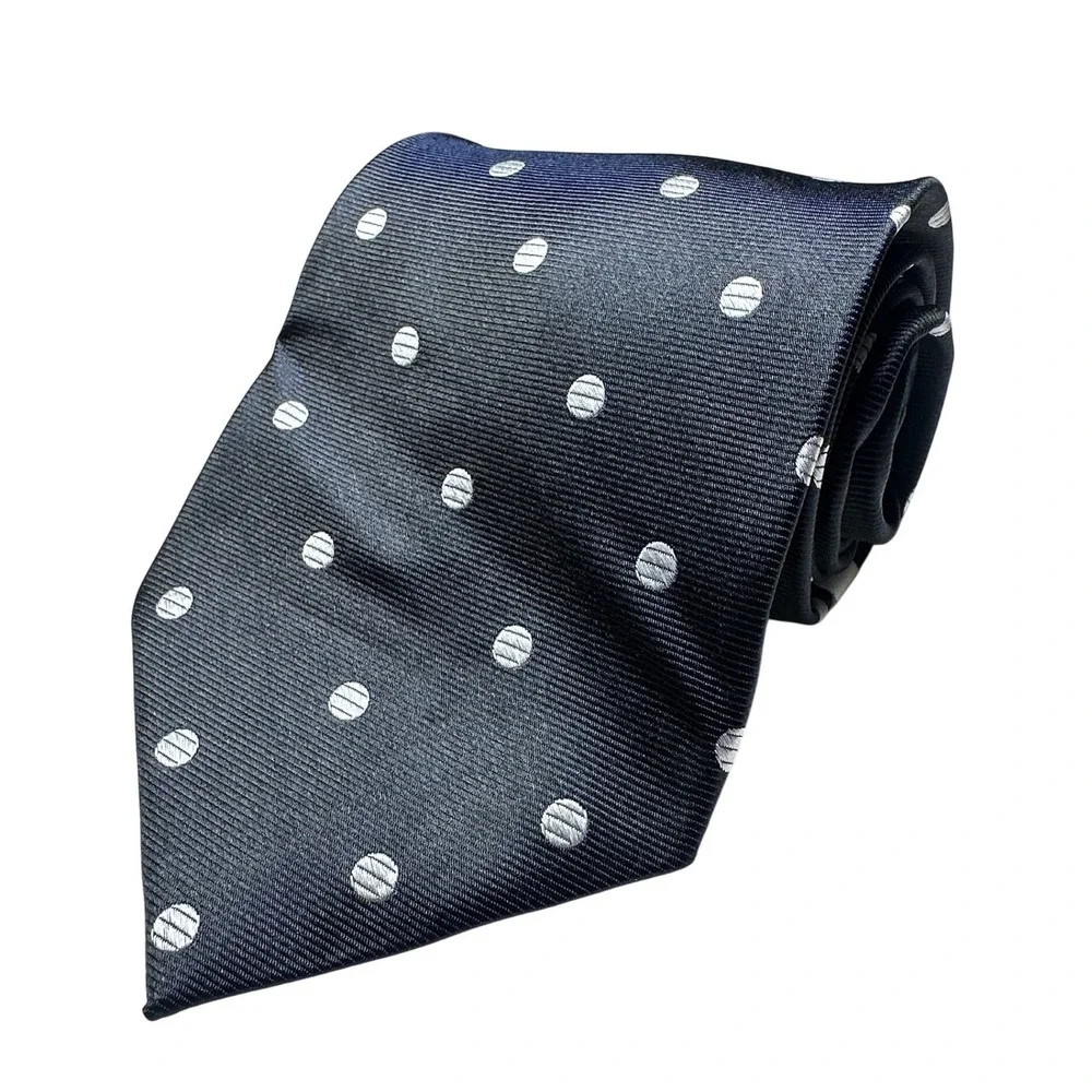 Oleg Cassini Mens Silk Necktie Navy Blue Silver Polka Dot Hand‎ Made Classic Tie